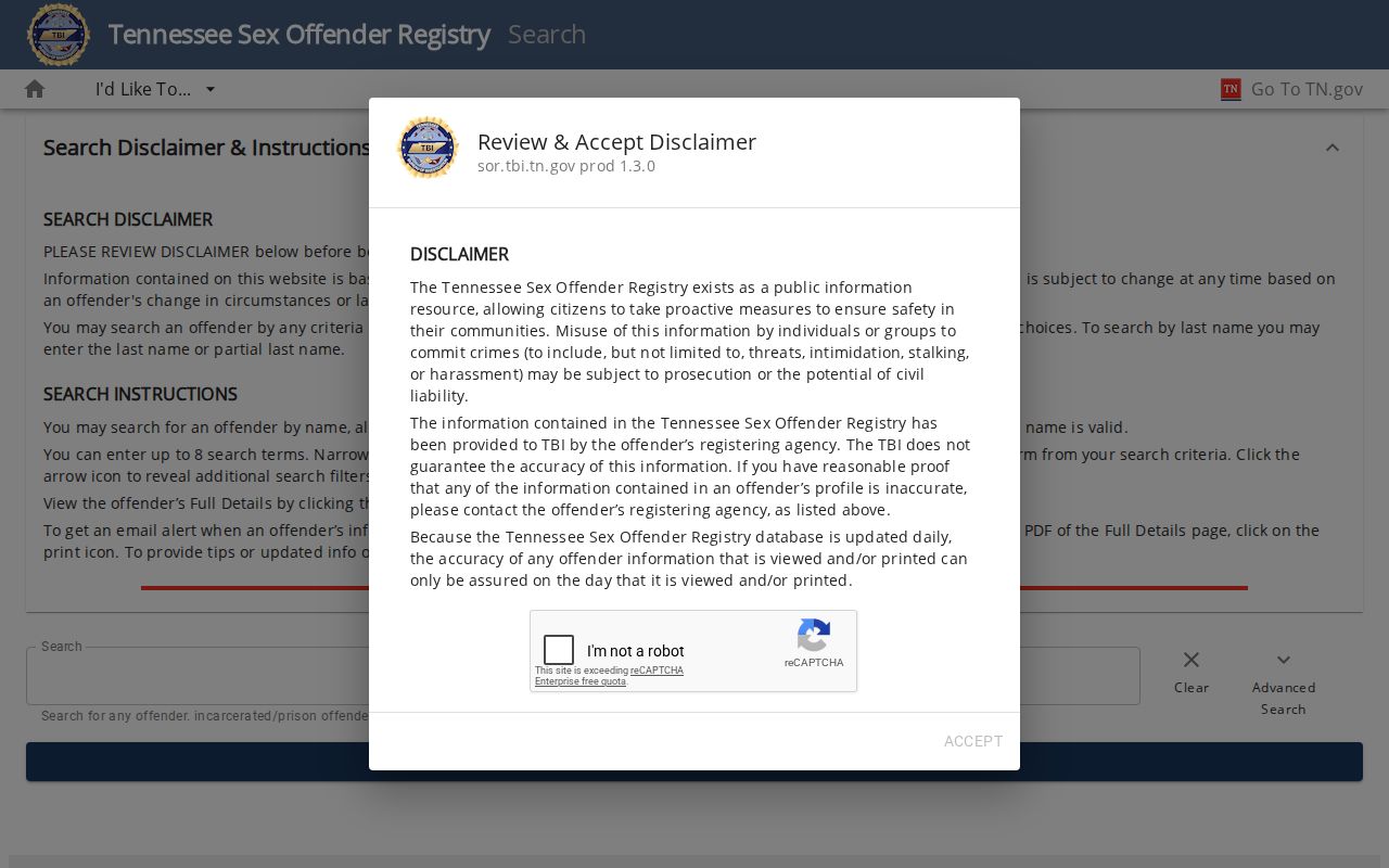 Lake County sex offender search form on the TBI registry