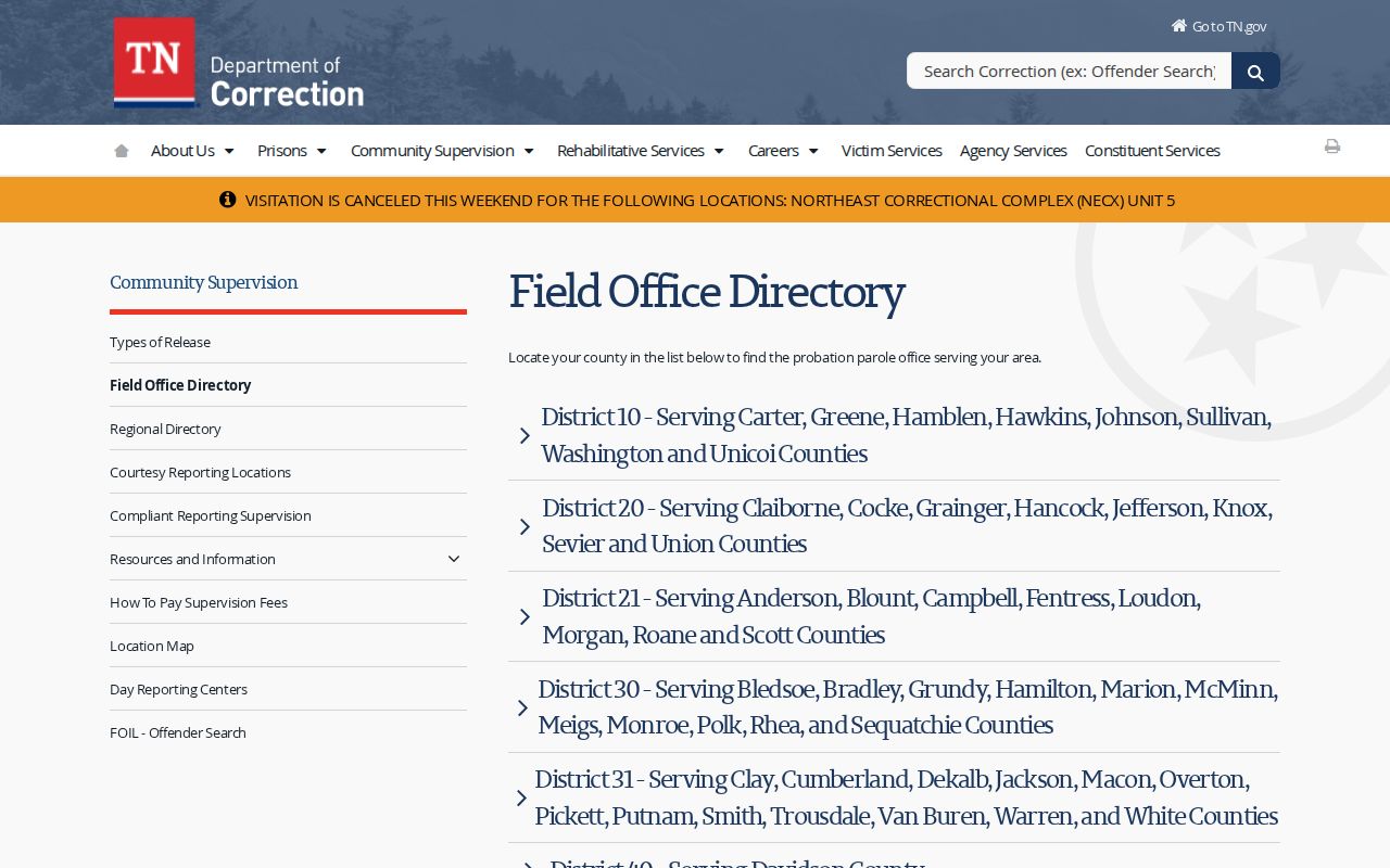Lake County Tiptonville criminal records TDOC field office directory