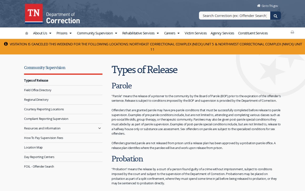 Lake County Tiptonville criminal records TDOC release types